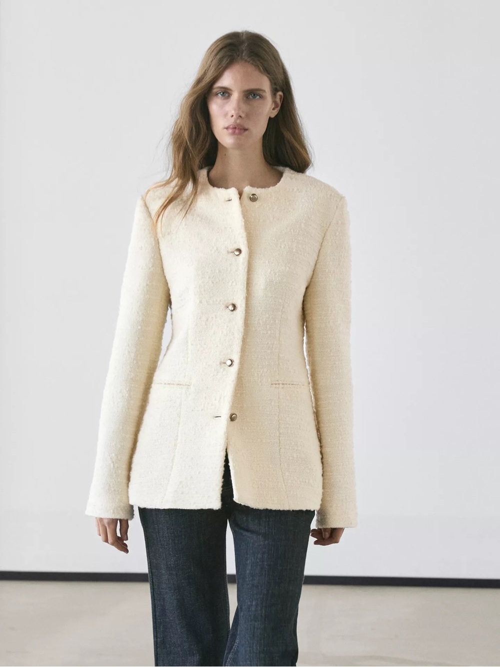 Massimo Dutti Cream Bouclé Button-Front Jacket